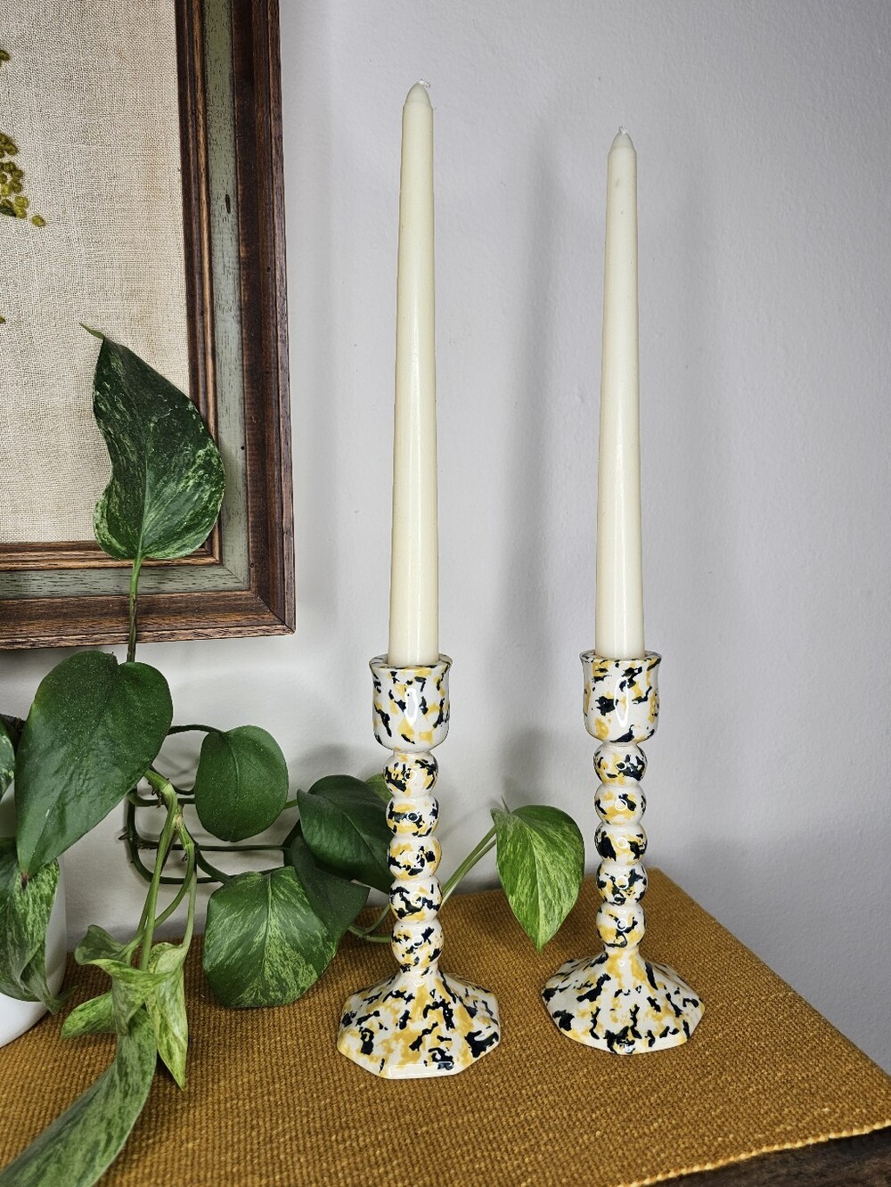 Anthropologie Speckled Yellow & Black Ceramic Taper Candle Holders
